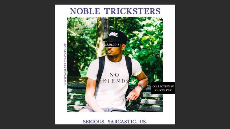 Model posing with Noble Trickster's merchandise.