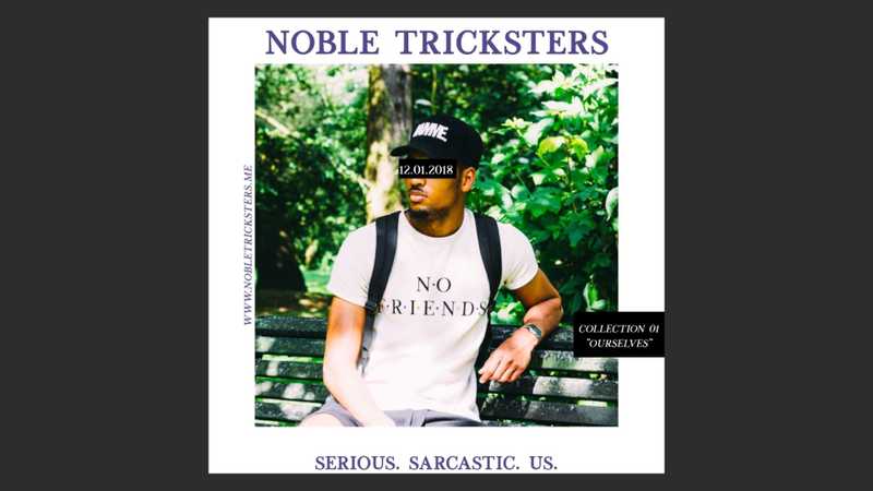 Model posing with Noble Trickster's merchandise.